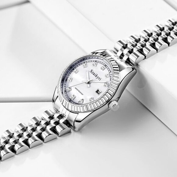 Women Silver Solid Stainless Steel Band Ladies Dress Watch Calendar Watch main image 5